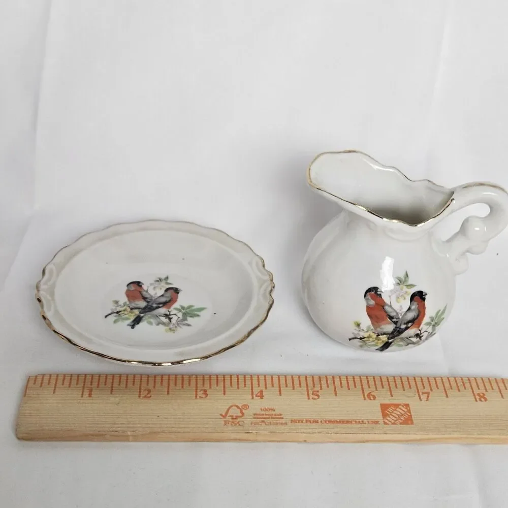 Vintage Porcelain Small Pitcher Jug & Basin Dish Set Birds Orioles Gold Trim
